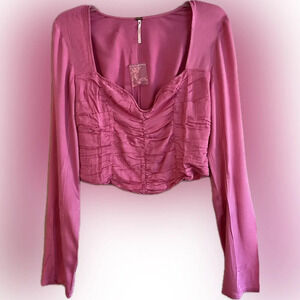 NWOT Free People Hot Pink Ruched Front Sweetheart Neck Long Sleeve Crop Top S